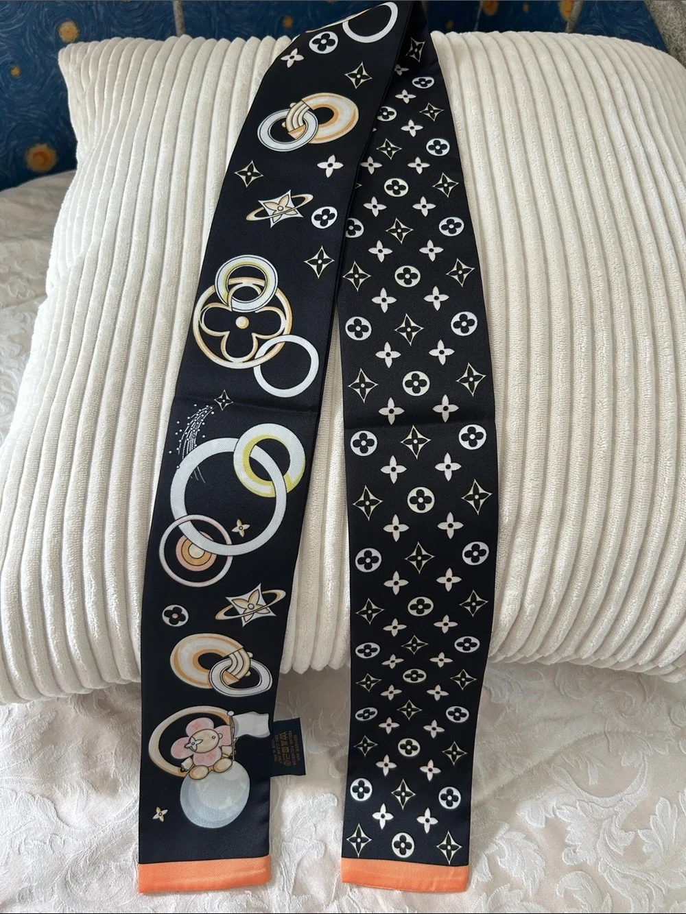 Black Silk Feeling Polyester Double Sided Scarf or Twilly with Monogram Motif.